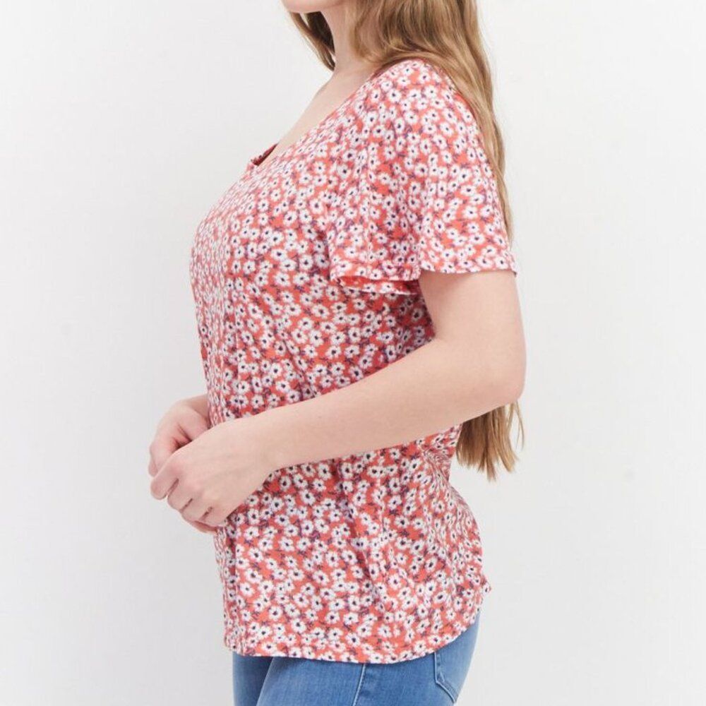Lucky Brand Women's Round Neck Short Sleeve Ditsy Floral Top Size Medium